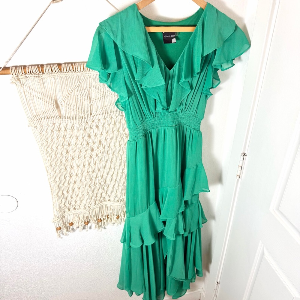 Green Ruffle Cocktail Wedding Spring Maison Tara Elegant Green Ruffle Dress 4